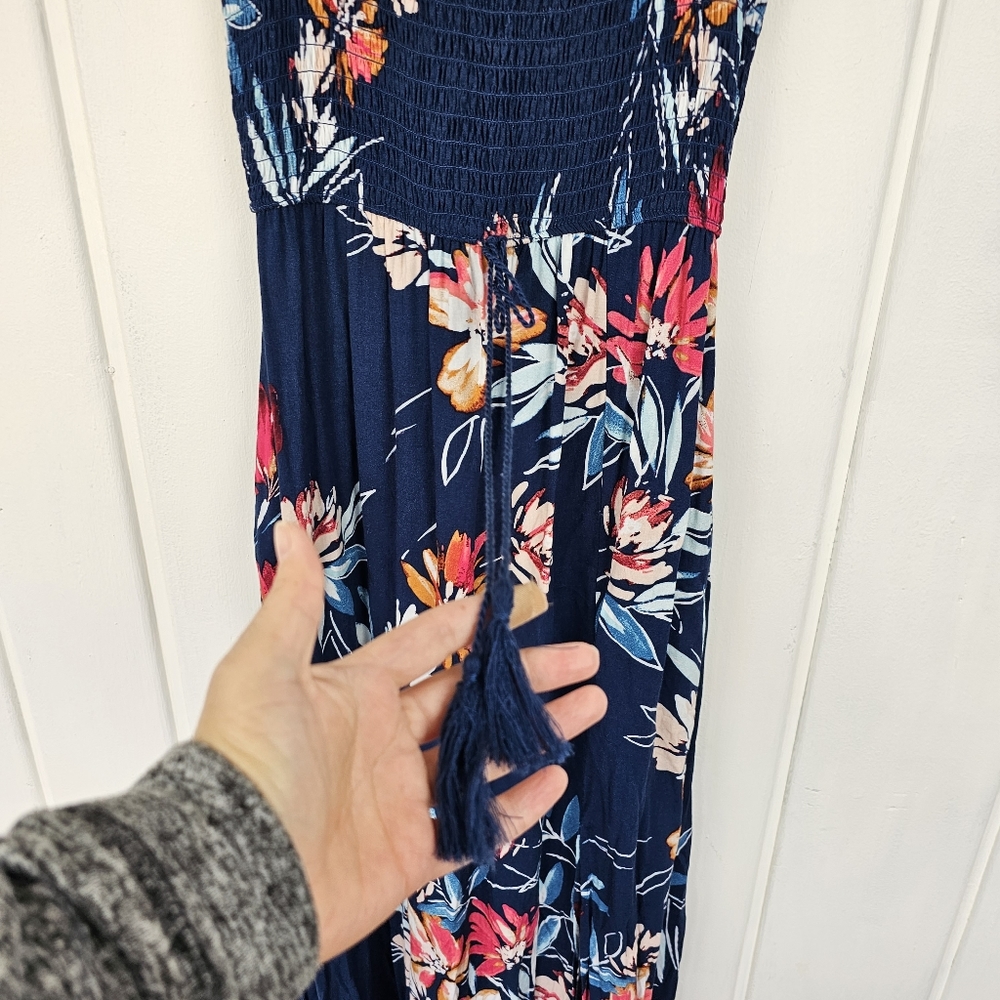Band of Gypsies Smocked Bodice Blue Pink Floral Boho Tassel Slit Maxi Dress Med. - Picture 12 of 16